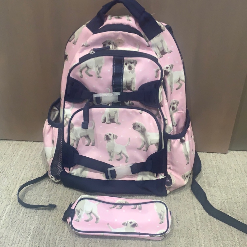 Pottery Barn Pink Puppy with Navy trim, Large size backpack/pencil case